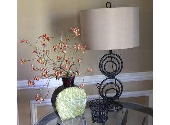 Unique Spiral Lamp With Decorative Vase & Small Metal Basket