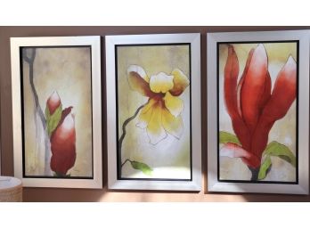 Signed 3 Piece Floral Triptych Artwork In Quality Heavy Silver Toned Floating Frame 20/600, 37/600, 29600