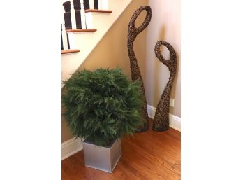 Decorative Faux Plant With Silver Finished Planter & Decorative Wicker Accent Pieces