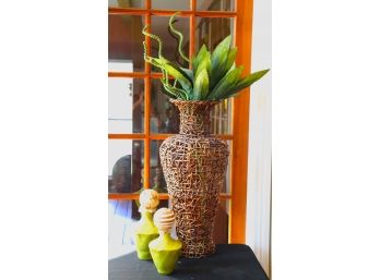 Large Unique Intertwined Branch Style Vase With Avocado Green Decorative Pieces