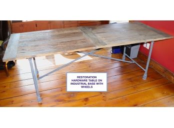Amazing Restoration Hardware Reclaimed Table With Industrial Style Metal Base & Metal Casters
