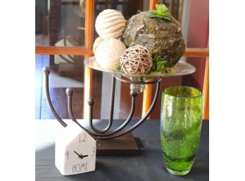 Decorative Floating Tray & Green Vase With Crackle Like Finish Includes Small Rae Dunn Battery Operated Clock