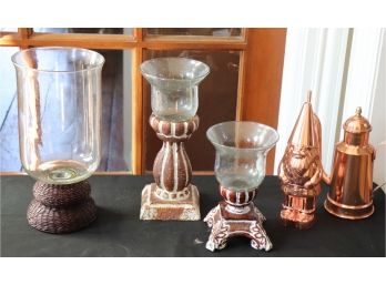 Decorative Hurricane Style Candle Holders With Brass Finished Coffee Pot & ELYX Gnome