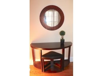 Demilune Console Table With Matching Slide In Stool And Round Wall Mirror