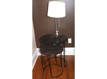 Pair Of Round Nesting Side Tables With A Textured Finished Top & Decorative Lamp From Canopy Designs