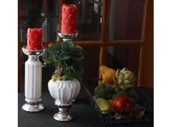 Set Of Quality Decorative Candlesticks & Basket With Faux Fruit Pieces