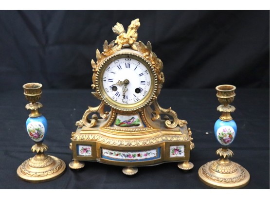 Charming S' Marti ET French Bronze Clock & Candlestick Garnitures With Lovely Hand Painted Details