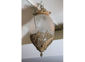 Unique Vintage Pendant Light With Etched Frosted Glass Shade In A Brass Enclosed Frame