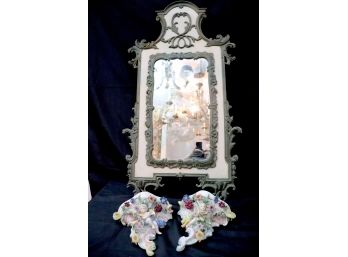 Rococo Style Decorative Wall Mirror With Patinated Metal Frame & Pair Of Vintage Porcelain Cherub Wall Plaques