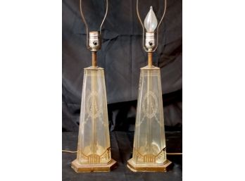 Pretty Pair Of Art Nouveau Etched Glass Table Lamps With Swag & Wreath Decorations & Gold Painted Detail