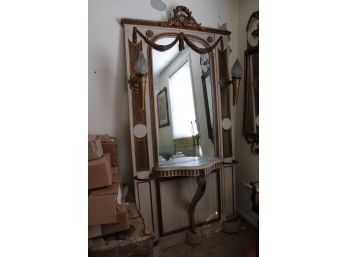Unique French Antique Style Entry Panel With Mirror, Torch Lights & Swag Laurel Leaf Crown Decoration