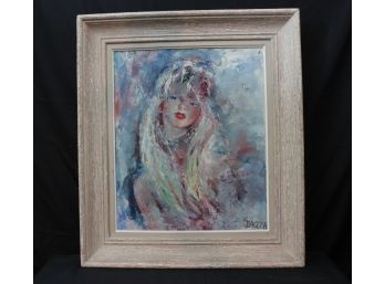 Mid Century Oil Painting In White Washed Frame Signed Dazza Of Ethereal Young Lady Daydreaming