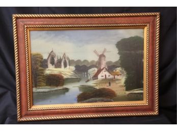 Reverse Painting On Glass Of Bucolic Dutch Scene With Windmill & Figure In The Foreground