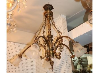 Vintage Bronze Chandelier With Decorative Scroll Work Etched Glass Shades & Quiver Of Arrows Center Design