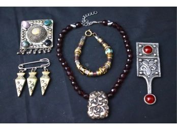 Womens Jewelry Includes, Cranberry Colored Beaded Necklace With Necklace Pendant, Brooches & More