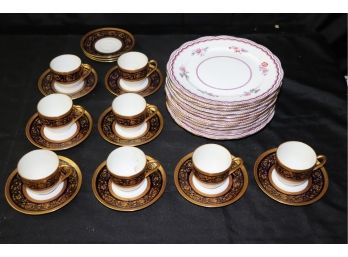 Demitasse Cups & Plates Stamped Czechoslovakia. Beautiful Cobalt & Gold Design & Sheraton Dessert Plates