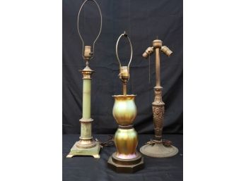 Collection Of Vintage Lamps- Green Onyx Column Lamp, Iridescent Green Lamp & Gold Tones Metal Table Lamp
