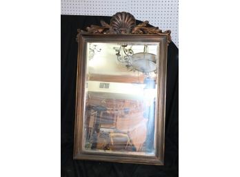 Large Ornate Wood Mirror With Beveled Edge & Clamshell Crown