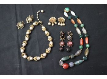 Miriam Haskell Collection Includes Necklace, Earrings & Beaded Stone Necklace & Richard Minadeo Dangle Ear