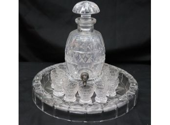 Vintage Crystal Liqueur Barrel With 10 Liqueur Glasses And Tray All With A Crosshatch Design