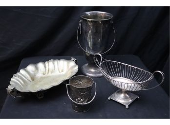 Grouping Of Silver-Plated Items - Large Serving Dish Tall Vase With Handle Smaller Vase With Design