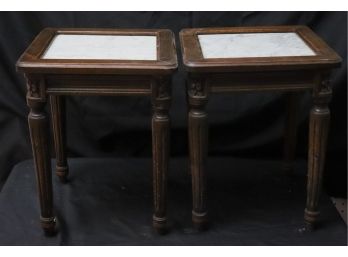 Pair Of Eclectic Diminutive Accent Tables With Wooden Legs Having Fluted Detail & White Grey Marble Tops