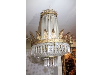 Belle Poque Style Crystal Chandelier With Gold Metal Crown & Long Hanging Crystals