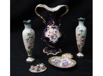 Lot Of Antique Porcelain Items Includes Cobalt Blue English Vase & Pair Of Petite Hand Painted Vases