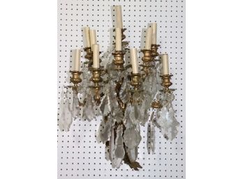 Impressive 10 Light Bronze Wall Sconce In The Louis XV Style With Large Gorgeous Crystals & Scrolled Leaf