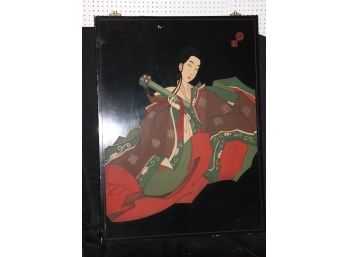 Carved Wood Panel Featuring Elegant Japanese Lady Of The Court With Musical Instrument