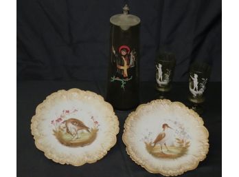 Limoges France Hand Painted Bird Plates & Vintage Smoked Glass Pitcher With Painting Of Friar & Mary Beth