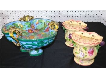 Fun & Frivolous Hand Painted Italian Centerpiece With Snake Handles & Pair Of Hand Painted  Tulip Holders