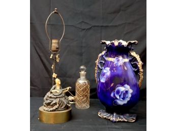 Antique Celtic Cobalt Blue Vase With Gold Highlight & Table Lamp Of Lady Playing The Mandolin