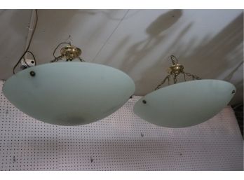 Pair Of Contemporary Large Frosted Glass Shade Pendant Chandeliers With Gold Metal Chain Links & Ceiling Plate