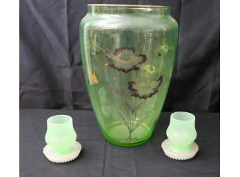 Vintage Glass Centerpiece Vase With Hand Painted Flowers & Butterflies With Green Opaline Bud Vases