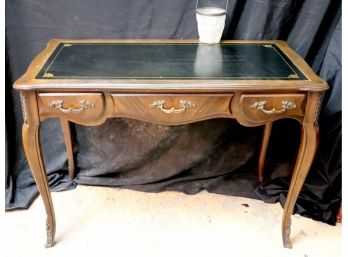 Stylish & Functional Black Leather Top Desk In Louis XV Style With Brass Handles By Stiehl Co.