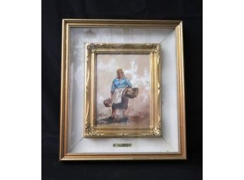 Vintage Oil Painting In Shadowbox Frame Signed Del Bono - Italian Country Lady With Baskets For Harvest