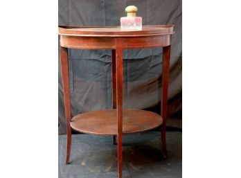 English Banded Mahogany Side Table With Oval Raised Edge & Slender Tapered Legs & Antique Inkwell