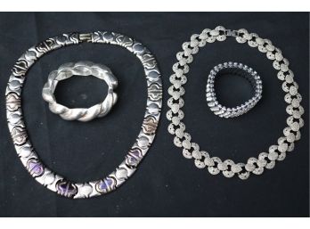 Snap Cuff Bracelet, Elegant Silver Tone Necklace, Stretch Bling Bracelet & Marcasite Style Necklace
