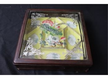 Unique Asian Rosewood Box With Porcelain Hand Painted Serving Dishes With Lotus Flower & Ducks