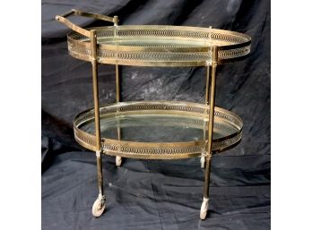 Oval Brass & Glass Bar Cart With Pierced Brass Sides, Wheels Perfect For Serving Drinks