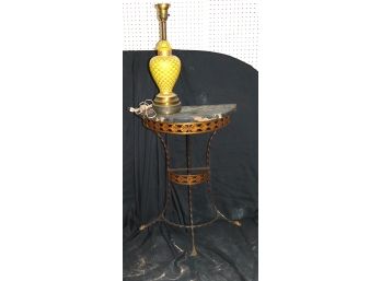 1.Art Deco Demilune Table With Original Marble Top & Claw Foot Design With Yellow Painted Porcelain Urn Style