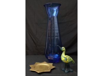 Blue Glass Vase, Murano Glass Speckled Duck & Porcelain Star Shaped Plate Molin - Lorin Marsh France