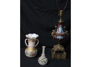 Antique Hand Painted Porcelain Lamp With Bronze Mounts Featuring Satyrs Faces & 2 Hand Antique Painted Vases