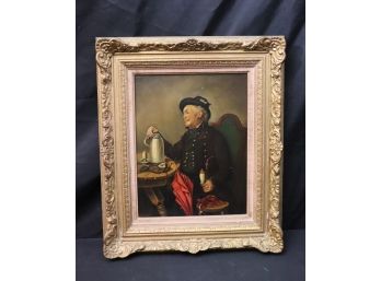 European Oil Painting On Canvas In Gold Frame Signed T. Schoor Of Jolly Gentleman Enjoying A Drink