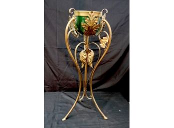 Lovely Gold Metal Planter With Acanthus Leaf Design & Green Pottery Ceramic That Can Be Easily Removed