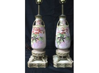 Pair Of Early 20th Hand Painted Porcelain Table Lamps Featuring Geraniums & Moriage Detail