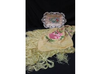 Silk Handmade Piano Shawl With Beautiful Yellow Background And Colorful Flowers Includes Porcelain Dish