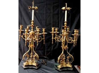 Fantastic Tall & Impressive Pair Of Bronze Candelabra Lamps On Black Marble Bases