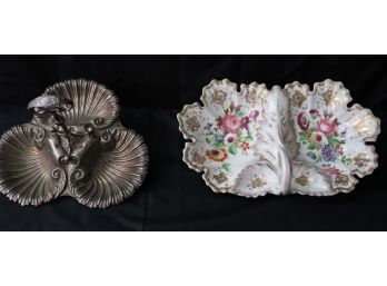Antique Porcelain KPM Hand Painted Candy Dish With Floral Detail & Silver Plate 3 Compartment Candy Dish